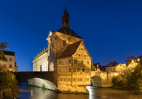 Historic town hall of Bamberg, Bavaria, Germany, at night