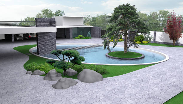 istock Luxury estate gardening illustration, 3d exterior with complete lighting. 1133604592
