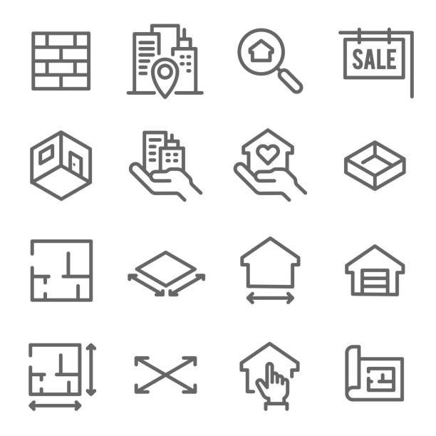 Real Estate Line Icon Set. Contains such Icons as Blueprint, Floor plan, Search and more. Expanded Stroke Real Estate Line Icon Set. Contains such Icons as Blueprint, Floor plan, Search and more. Expanded Stroke floor plan stock illustrations