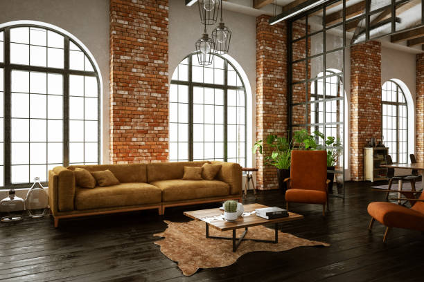 Industrial Style Loft Room Interior with furniture industrial style photos stock pictures, royalty-free photos & images