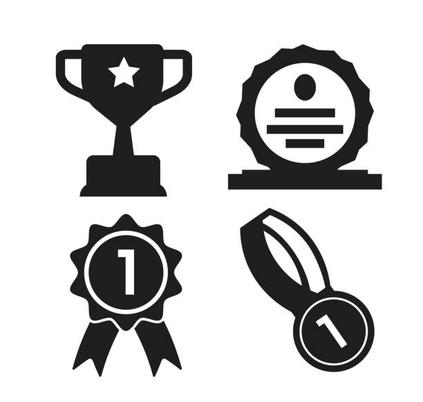 ilustrações de stock, clip art, desenhos animados e ícones de shield, medal and trophy icon of the winner of the competition - gold medal medal winning trophy