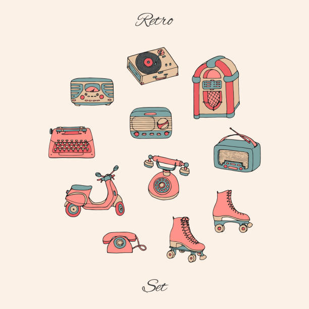 ilustrações, clipart, desenhos animados e ícones de vector o jogo retro com tecnologia antiga, scooter, caixa do juke, rádio, máquina de escrever, patins de rolo e jogador record do vinil. coleção desenhada mão de objetos do vintage. para mercados de pulgas e lojas. - 1960s style 1950s style record retro revival