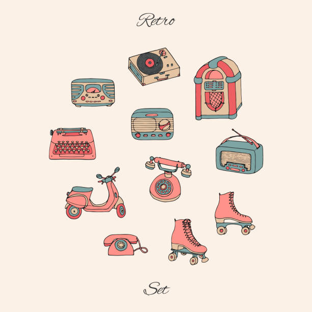 Vector retro set with antique tech, scooter, juke box, radio, typewriter, roller skates and vinyl record player. Hand drawn collection of vintage objects. For flea markets and shops. Vector retro set with antique tech, scooter, juke box, radio, typewriter, roller skates and vinyl record 
player. Hand drawn collection of vintage objects. For flea markets and shops. radio drawings stock illustrations