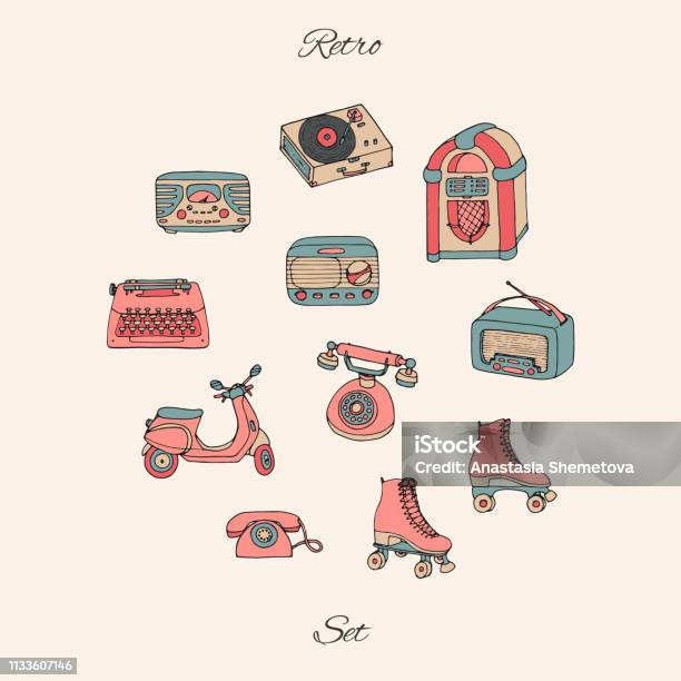 Vector Retro Set With Antique Tech Scooter Juke Box Radio Typewriter Roller Skates And Vinyl Record Player Hand Drawn Collection Of Vintage Objects For Flea Markets And Shops Stock Illustration - Download Image Now