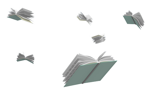 Books flying around, isolated on white background, 3d illustration