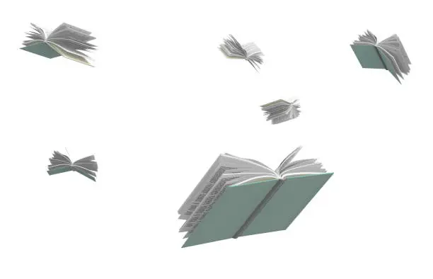 Photo of Books flying around, isolated on white background.
