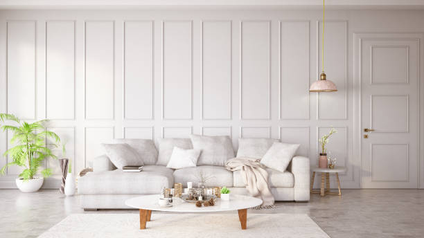 soggiorno moderno con divano e decorazioni - white interior foto e immagini stock