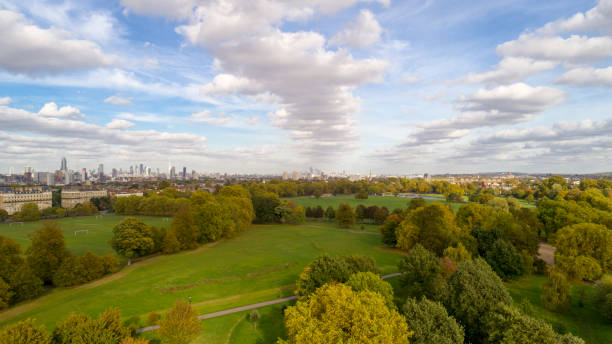 Clapham Common and London skyline aerial view Drone point of view of Clapham Common green space public park in South London, UK. wandsworth photos stock pictures, royalty-free photos & images