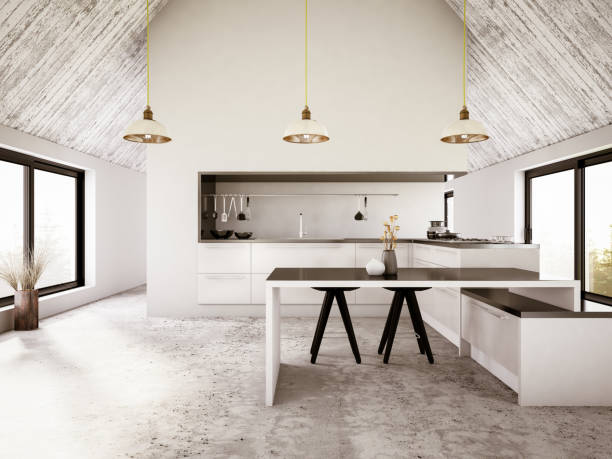 modern apartment iinterior with kitchen - living room showcase interior luxury dining room imagens e fotografias de stock