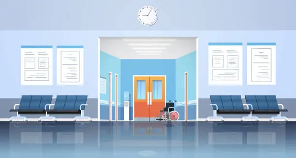 Vector illustration of hospital corridor waiting hall with information board chairs doors and wheelchair empty no people clinic interior flat horizontal banner