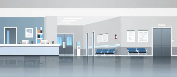 Vector illustration of hospital reception waiting hall with counter seats doors and elevator empty no people medical clinic interior horizontal banner panorama flat