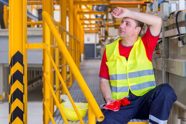 Tired worker wipes the sweat of the forehead stock photo