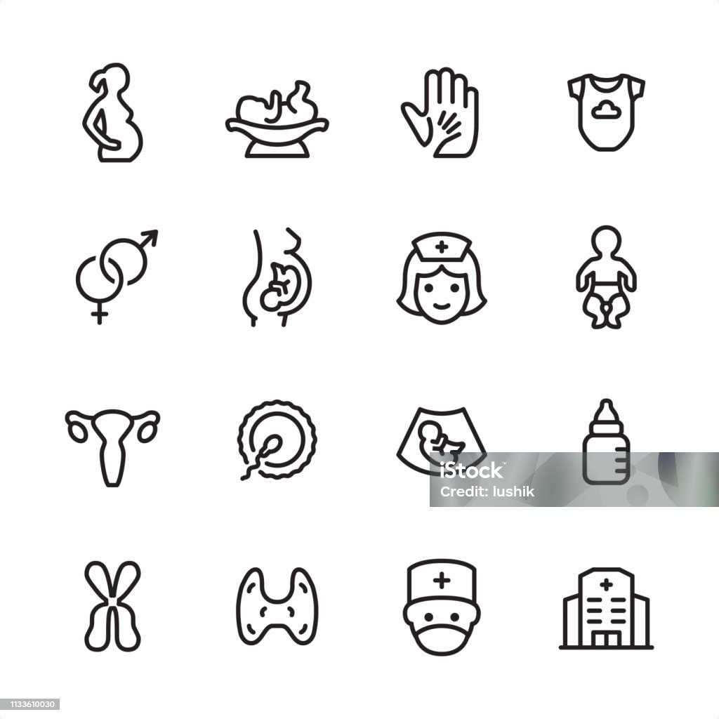 Pregnancy - outline icon set 16 line black on white icons / Pregnancy Set #84
Pixel Perfect Principle - all the icons are designed in 48x48pх square, outline stroke 2px.

First row of outline icons contains: 
Pregnant, Newborn on the Weights, A Helping Hand, Infant Bodysuit;

Second row contains: 
Gender Symbol, Pregnancy, Nurse, Newborn;

Third row contains: 
Uterus, Human Fertility, Ultrasound Baby, Baby Bottle; 

Fourth row contains: 
Chromosome, Thyroid, Obstetrician, Maternity Hospital.

Complete Inlinico collection - https://www.istockphoto.com/collaboration/boards/2MS6Qck-_UuiVTh288h3fQ Icon Symbol stock vector