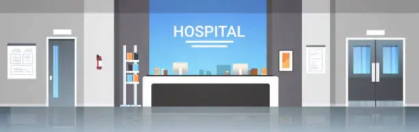Vector illustration of hospital reception desk waiting hall with information board counter doors furniture healthcare concept empty no people modern medical clinic interior horizontal banner flat