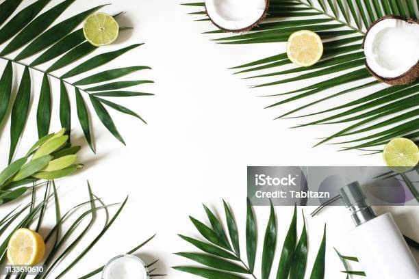 Styled Beauty Frame Web Banner Skin Cream Soap Bottle Coconut Lemons And Lime Fruit On Lush Palm Leaves White Table Background Cosmetics Spa And Tropical Summer Concept Flat Lay Top View Stock Photo - Download Image Now
