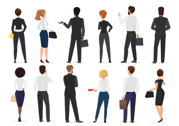 ilustrações de stock, clip art, desenhos animados e ícones de back view of business office people group, man and woman characters standing together isolated vector illustration. - back