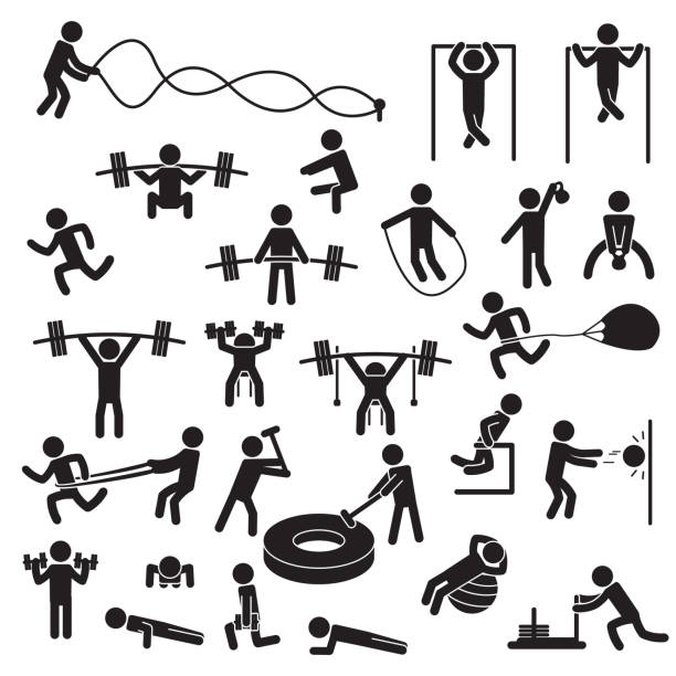 ilustraciones, imágenes clip art, dibujos animados e iconos de stock de gente ejercitando el conjunto de iconos. vector. - stretching exercising gym silhouette