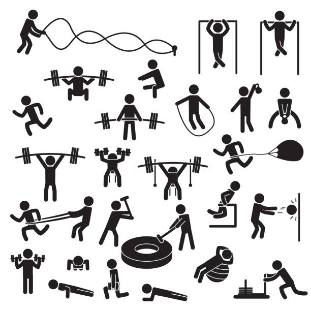 illustrations, cliparts, dessins animés et icônes de personnes exerçant l'ensemble d'icône. vecteur. - stretching exercising gym silhouette