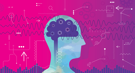 Bold vector illustration showing brain waves and a measurement concept. Head is made from a part of acrylic painting