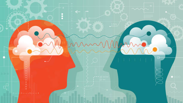 Two Heads Connected With Different Brain Waves Vector illustration showing two heads with brain and connected with brain waves surrounded with gears and lot of different measuring elements . two people illustrations stock illustrations