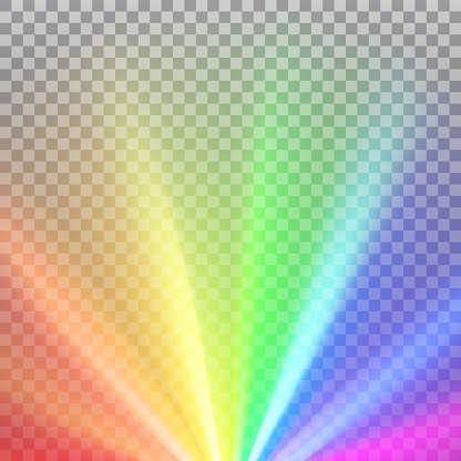 Rainbow colored rays with color spectrum flare. Abstract glaring effect with transparency. Vector illustration