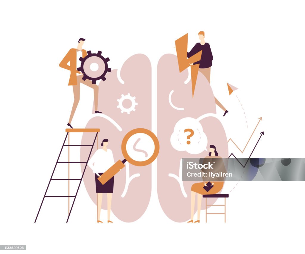 Psychology concept - modern vector flat design style illustration Psychology concept - modern vector flat design style illustration on white background. Male, female characters, psychologists around human brain with magnifier, gear, question, lightning, making notes Mental Health stock vector