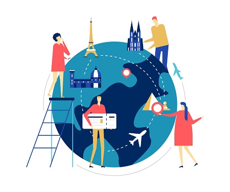 Travel around the world - colorful flat design style illustration. A composition with tourists, globe with landmarks, Eiffel tower, pyramids, sphinx, Cologne, Florence Cathedrals, planes, map pointers