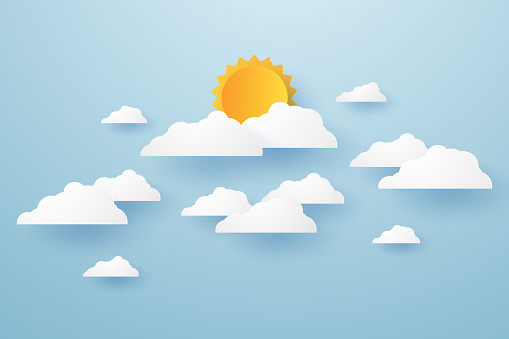 Cloudscape , blue sky with cloud and sun , paper art style