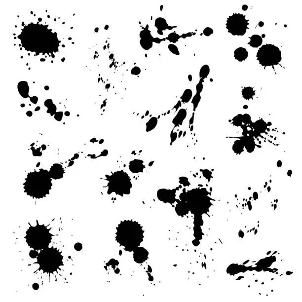 Vector illustration of Black ink spots set. Inked splatter dirt stain splattered spray splashes with drops blots isolated vector collection