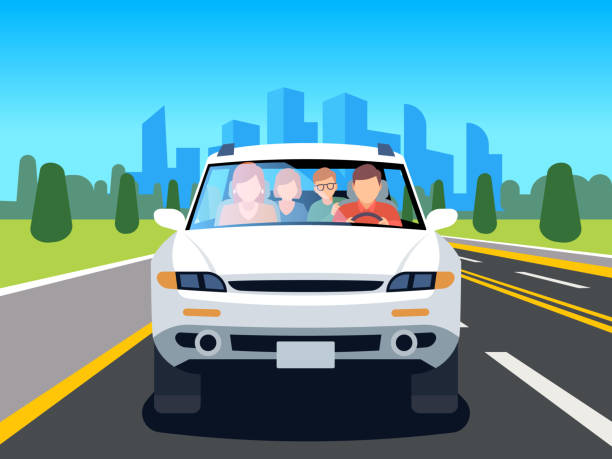 Family driving car. Auto driver father man woman child travel people weekend road landscape nature leisure flat image Family driving car. Auto driver father man woman child travel people weekend road landscape nature leisure flat vector illustration family in car stock illustrations