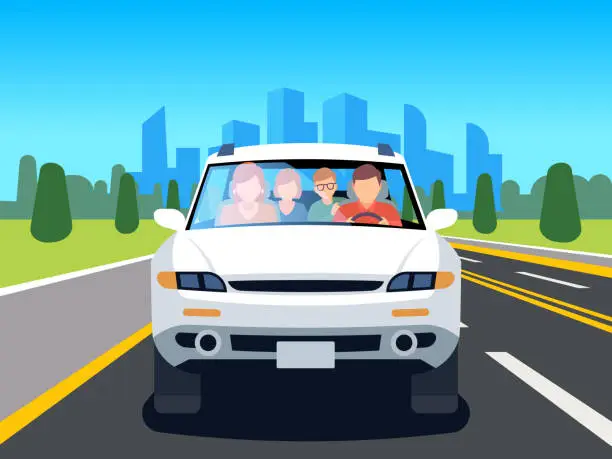 Vector illustration of Family driving car. Auto driver father man woman child travel people weekend road landscape nature leisure flat image