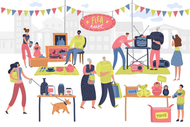 Flea market. People on fashionable shopping second hand retro goods clothes swap meet bazaar. Shoppers on fleas market Flea market. People on fashionable shopping second hand retro goods clothes swap meet bazaar. Shoppers on fleas market vector concept fashion bazaar stock illustrations