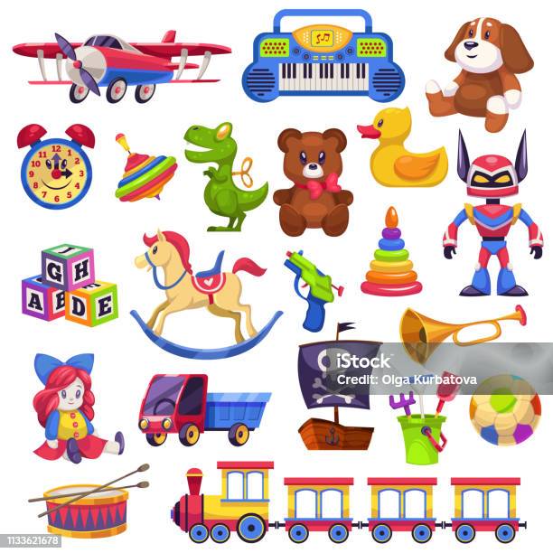 Spielzeug Für Kinder Spielzeug Kind Kindervorschulhaus Baby Spiel Ball Zug Yacht Puppe Ente Boot Flugzeug Auto Pyramide Stock Vektor Art und mehr Bilder von Spielzeug