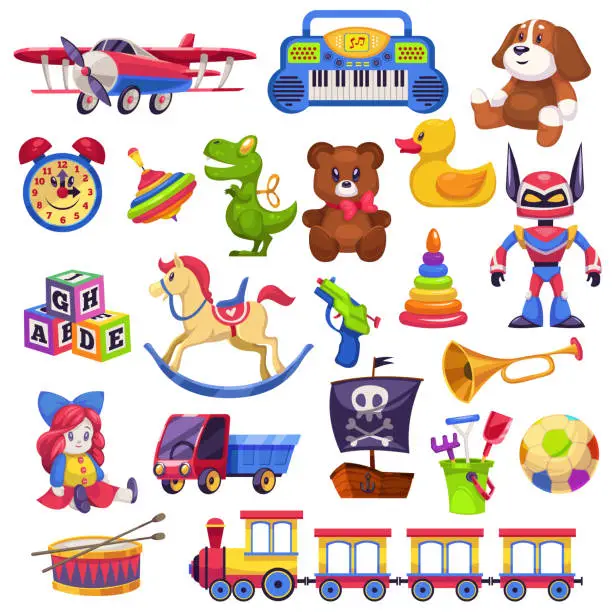 Vector illustration of Kids toys set. Toy kid child preschool house baby game ball train yacht horse doll duck boat plane bear car pyramid