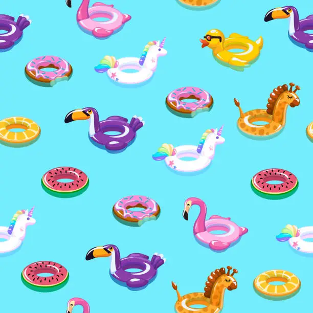 Vector illustration of Swimming toys seamless pattern. Pool floating summer inflatable toy sea print float kid fashion textile print cartoon