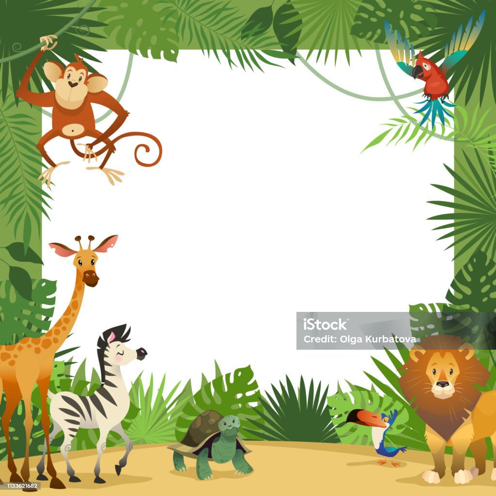 Jungle Animals Card Frame Animal Tropical Leaves Greeting Baby Banner Zoo  Border Template Party Children Stock Illustration - Download Image Now -  iStock