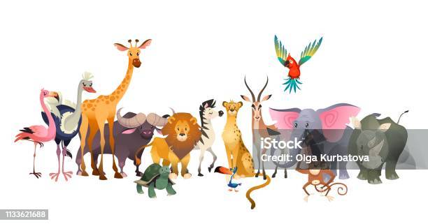 Vetores de Animais Selvagens Safari Animais Selvagens África Feliz Animal Leão Zebra Elefante Rinoceronte Girafa Avestruz Flamingo Bonito Selva e mais imagens de Animal