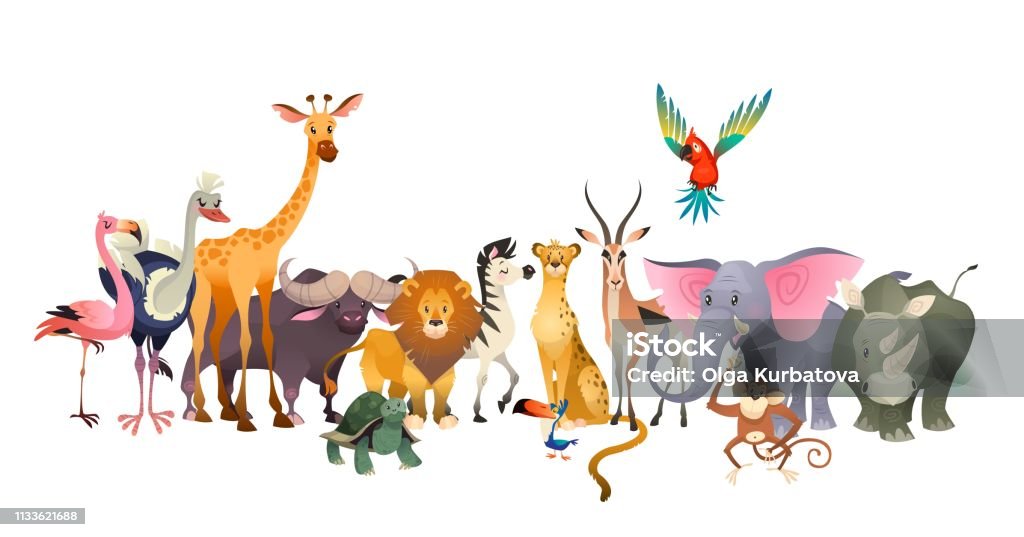 Wild animals. Safari wildlife africa happy animal lion zebra elephant rhino parrot giraffe ostrich flamingo cute jungle Wild animals. Safari wildlife africa happy animal lion zebra elephant rhino parrot giraffe ostrich flamingo cute zoo jungle vector poster Animal stock vector