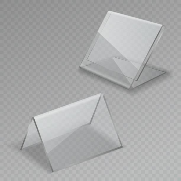 istock Glass table display. Office blank transparent glass table signs acrylic information clear stand menu isolated frames 1133621696
