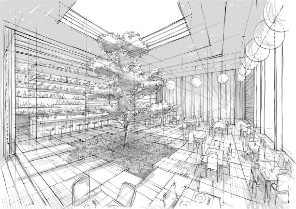 Restaurant interior illustration Vector illustration of architectural interior design. In the style of drawing. (Ai10 eps with transparency effect) pics of restaurant ceiling design stock illustrations