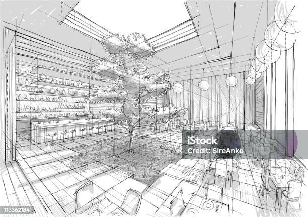 Restaurant Interior Illustration Stock Illustration - Download Image Now - Restaurant, Sketch, Architecture