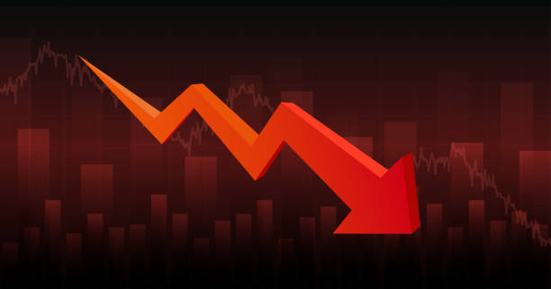 istock Widescreen abstract financial chart with downtrend line graph arrow in stock market in red color background 1133625297