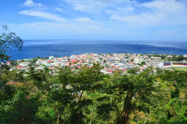 Scenic view of Roseau town and sea, Dominica island