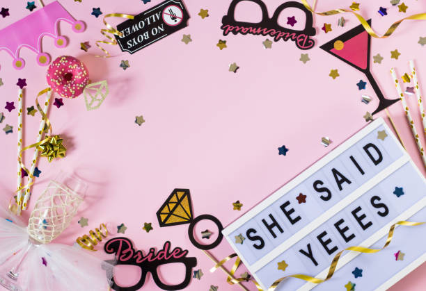 Bachelorette party background. She said yes concept. Flat lay Cheerful bachelorette party background with confetti and props around she said yes text. Concept of hen party. Flat lay bachelorette party stock pictures, royalty-free photos & images