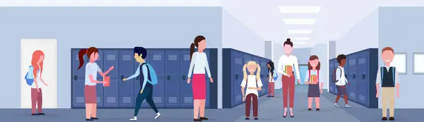 Vector illustration of female teacher with mix race schoolchildren group in school lobby corridor interior with rows of blue lockers education concept horizontal banner full length flat