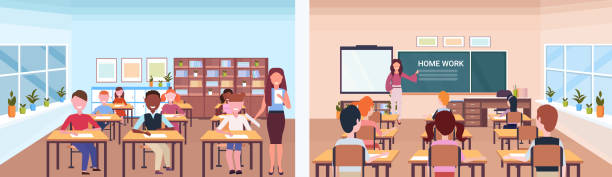 illustrazioni stock, clip art, cartoni animati e icone di tendenza di lezione di scuola insegnante femminile con alunni impostare la vista frontale della classe moderna scuola interiore concetto di educazione orizzontale banner a figura intera piatto - group of objects child student women