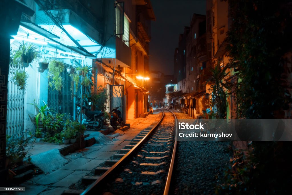 Hanoi Train Street in city center at old town at night Hanoi Stock Photo