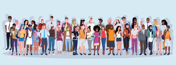 mix race people group different occupation standing together over blue background male female workers full length horizontal banner flat mix race people group different occupation standing together over blue background male female workers full length horizontal banner flat vector illustration full length illustrations stock illustrations