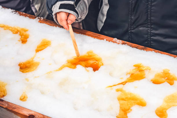 istock Child putting maple taffy on a wooden stick 1133635892