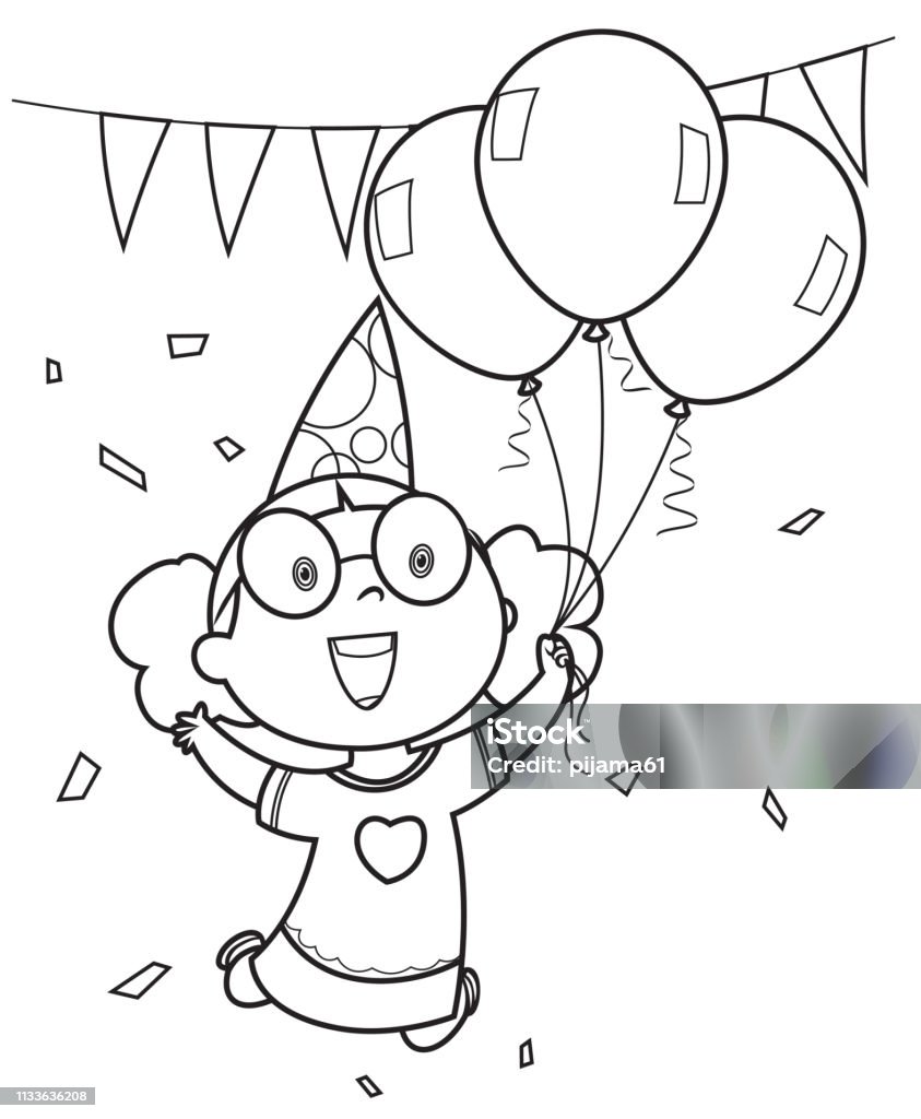 Coloring book, girl holding balloons Vector coloring book, girl holding balloons Coloring stock vector